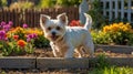 Adorable Yorkshire Terrier Puppy Playing in a Colorful Flower Garden Royalty Free Stock Photo