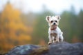 small dog poised on a large rock, forest in background