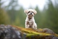 small dog poised on a large rock, forest in background