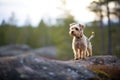 small dog poised on a large rock, forest in background