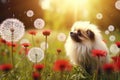 A small dog rests peacefully in a vibrant field of dandelions on a sunny day, Ladybug on a dandelion flower close-up, Nature
