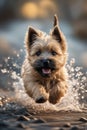 A small dog runs joyfully through the shallow water of a beach