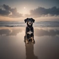 a small dog sitting on the beach at sunset looking back Royalty Free Stock Photo