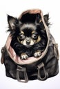 Small dog is sitting inside of purse with its paws on the handle. Generative AI