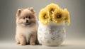 a small dog sitting next to a vase with sunflowers. generative ai