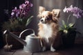 a small dog sitting next to a watering can and flowers