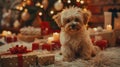 Small Dog Sitting by Pile of Presents Royalty Free Stock Photo