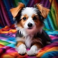 a small dog sitting pretty on a colorful blanket trending on artstation sharp focus studio photo