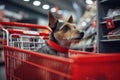 small dog sitting in shopping cart with carts inside the store Royalty Free Stock Photo