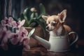 a small dog sitting in a watering can next to a potted plant