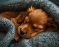 small dog sleeping under blanket golden background curl noise red colored reduce duplicate palette long muzzle sweater puppy fur