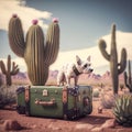 A small dog with a suitcase travels through the desert with cacti