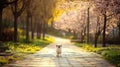 Small dog walking park path, blossom trees, sunrise, spring Royalty Free Stock Photo