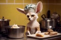 Small dog wearing chef's hat sitting next to pan of food. Generative AI Royalty Free Stock Photo