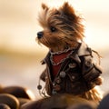A small dog wearing a jacket and chain is standing on rocks, AI