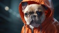 A small dog wearing an orange hoodie. AI