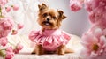 Small dog wearing pink dress sits on bed of flowers. Generative AI Royalty Free Stock Photo