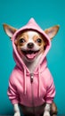 Small dog wearing pink hoodie with zipper in front. Generative AI