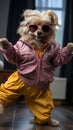 Small dog wearing pink jacket and yellow pants stands on its hind legs on wooden floor. Cute, cool attitude dog looking at camera Royalty Free Stock Photo