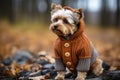 A small dog wearing a sweater on top of a pile of leaves