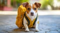 A small dog with a yellow backpack sitting on the ground, AI Royalty Free Stock Photo
