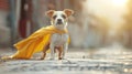 Small dog with a yellow cape in an urban setting with a sunrise backdrop.