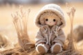 a small doll sitting in a field of wheat