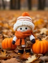 a small doll wearing an orange hat and scarf sits on the ground surrounded by pumpkins Royalty Free Stock Photo