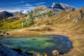 Small dolomitic Valparola lake, Valparola Pass, Dolomites, Italy