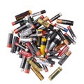 Small domestic dry cell batteries, old trash to recycle. Isolated on white. Alkaline . Europe, UK AA and AAA size.