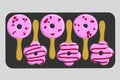 Small Donuts with pink icing and bright sprinkles on a black rectangular plate. Tasty vector illustration Royalty Free Stock Photo