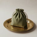 A small, drawstring pouch made of green fabric, placed on a round, golden plate. The Royalty Free Stock Photo
