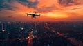 Small Drone Flying Over City at Sunset Royalty Free Stock Photo