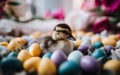 A small duck sitting among many colored eggs. AI generative image. Royalty Free Stock Photo