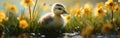 a small duckling standing in tall grass with lots of yellow flowers Royalty Free Stock Photo