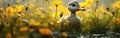 a small duckling standing in tall grass with lots of yellow flowers Royalty Free Stock Photo