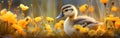 a small duckling standing in tall grass with lots of yellow flowers Royalty Free Stock Photo