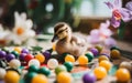 A small duckling is surrounded by colorful balls. Generative AI image.