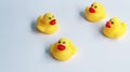Small ducks yellow made from plastic for children, has a sound for baby playing in bathtub. Funny toy for development the kids. Royalty Free Stock Photo