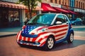 Small electric car on the street of a city, painted in the colors of the American flag Royalty Free Stock Photo