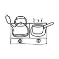 Small electric stove with kettle and scoop. Vector doodle Royalty Free Stock Photo