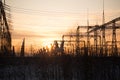 A small electrical substation at sunset