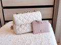 Small elegant beige leather female bag