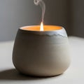 A small, elegant candle with a bright flame is set in a smooth, rounded ceramic holder. The holder Royalty Free Stock Photo