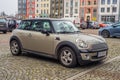 Small and elegant grey little Morris Mini Cooper hatchback parked Royalty Free Stock Photo