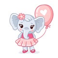 Small elephant stands in a beautiful pink dress on a white background