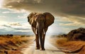 small elephant walking down dirt road with clouds behind it Royalty Free Stock Photo