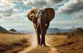 small elephant walking down dirt road with clouds behind it Royalty Free Stock Photo