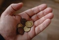 Small eurocent coins lie in the palm of hand. small change in hand Royalty Free Stock Photo