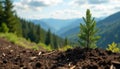 Small evergreen tree sapling planted in soil on mountain slope. Young pine grows in dirt on hillside with forest and mountains in Royalty Free Stock Photo